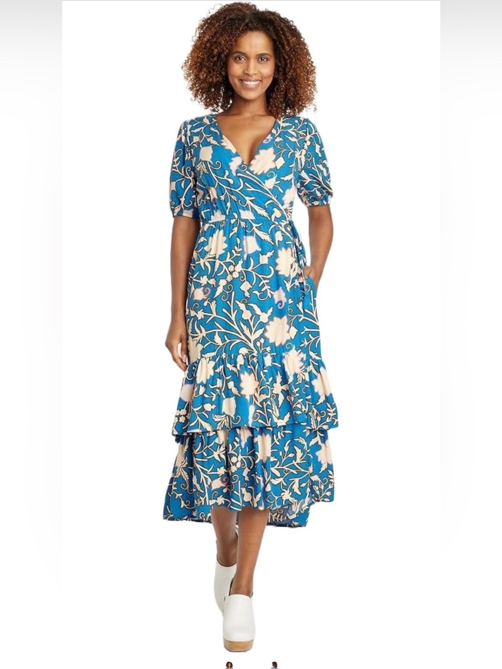 NWOT Knox Rose Teal and Cream Floral Wrap Midi Dress
